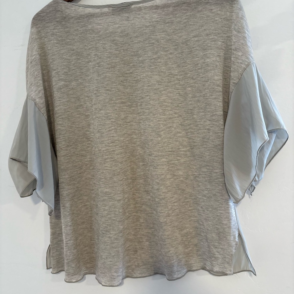 Lola & Sophie Light Gray & green Blouse with Tie Sleeves | quiet luxury $138 - Picture 6 of 7